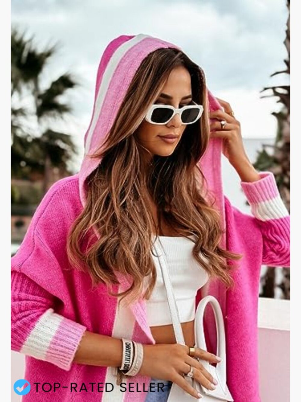 Color Block Vertical Striped Open Front Hooded Long Cardigan Sweater with - Picture 3 of 7